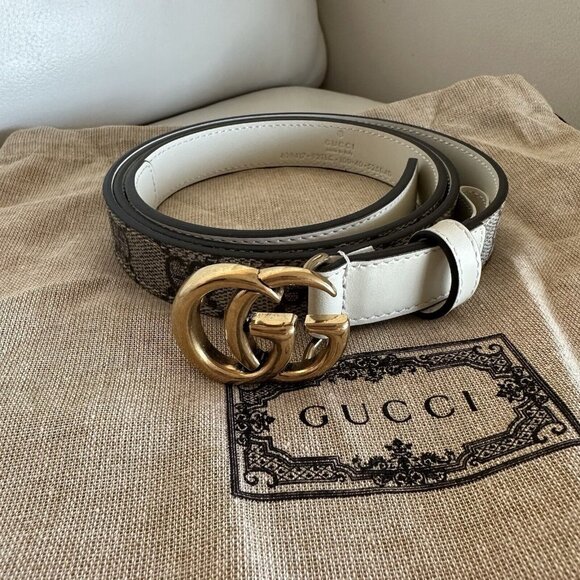 NEW GUCCI 430$ GG Marmont Belt In Beige GG Supreme & White Leather 100 Cm 40 In